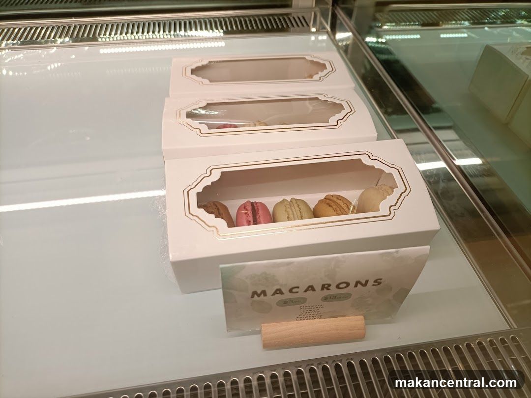Macarons in a display case