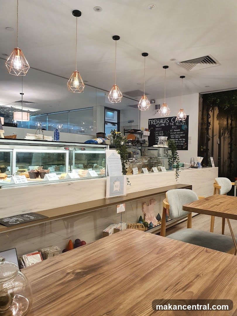 Cafe Interior with Display Cases and Seating