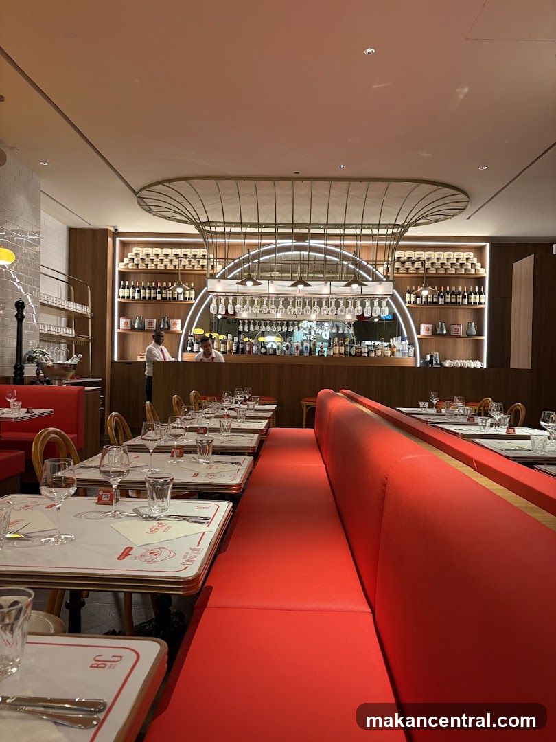 Restaurant Interior with Red Booths and Bar
