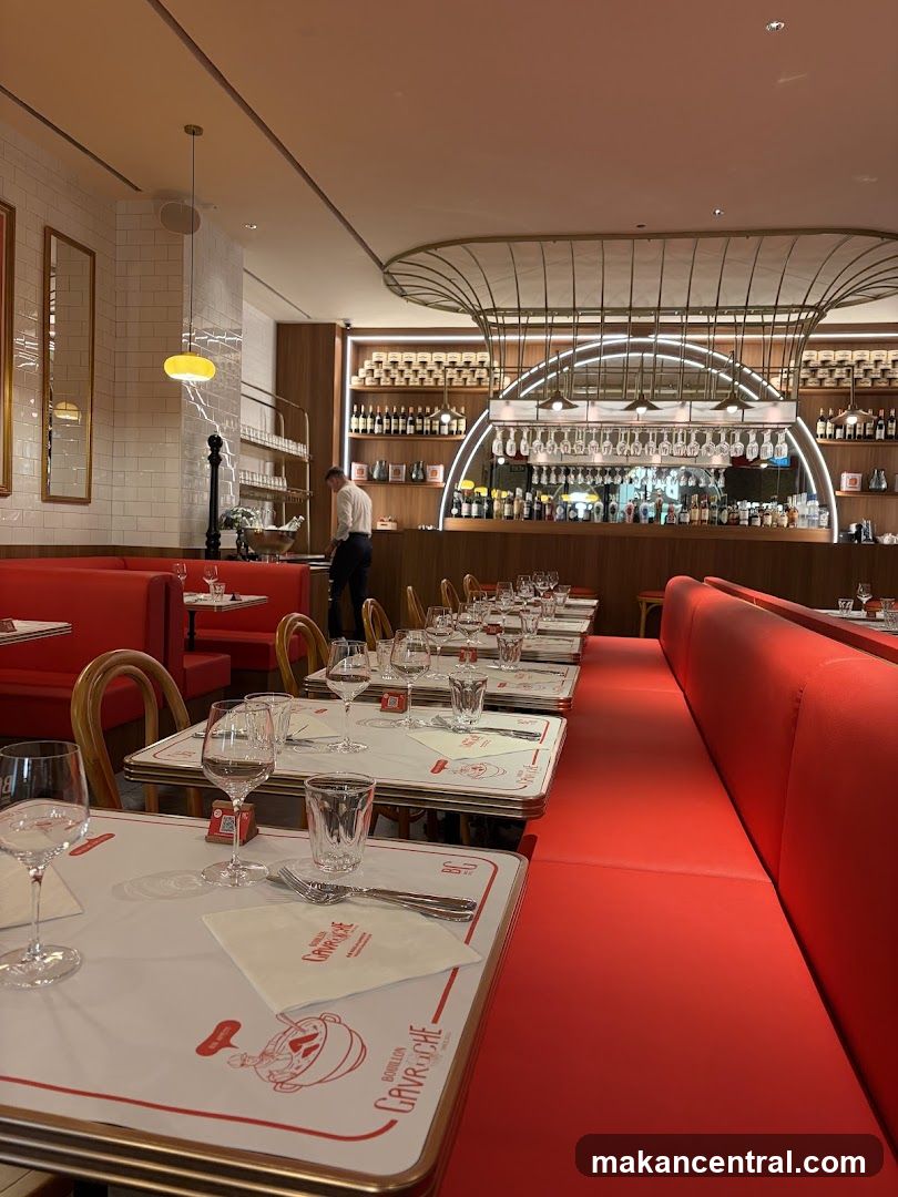 Restaurant Interior with Red Booths and Bar