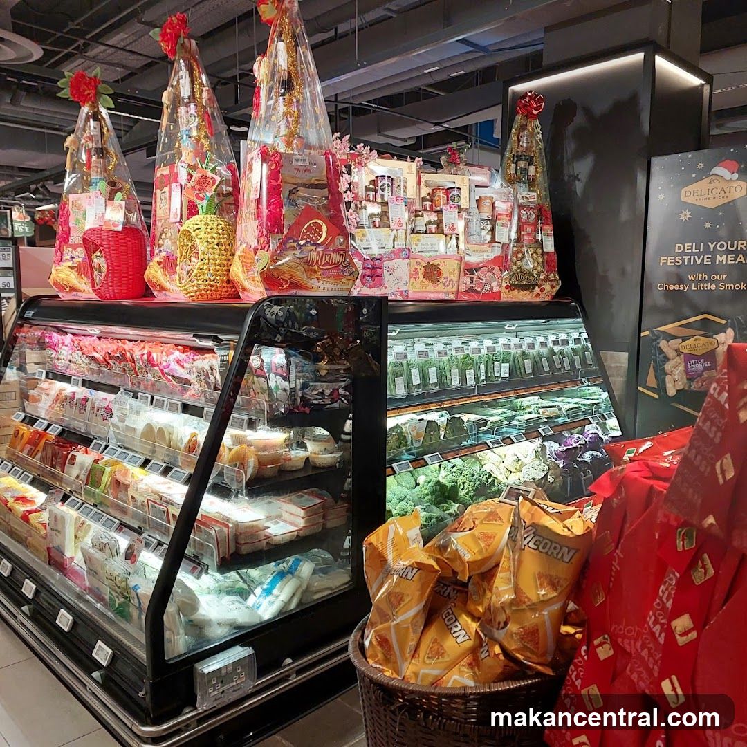 Supermarket Display with Festive Hampers and Food