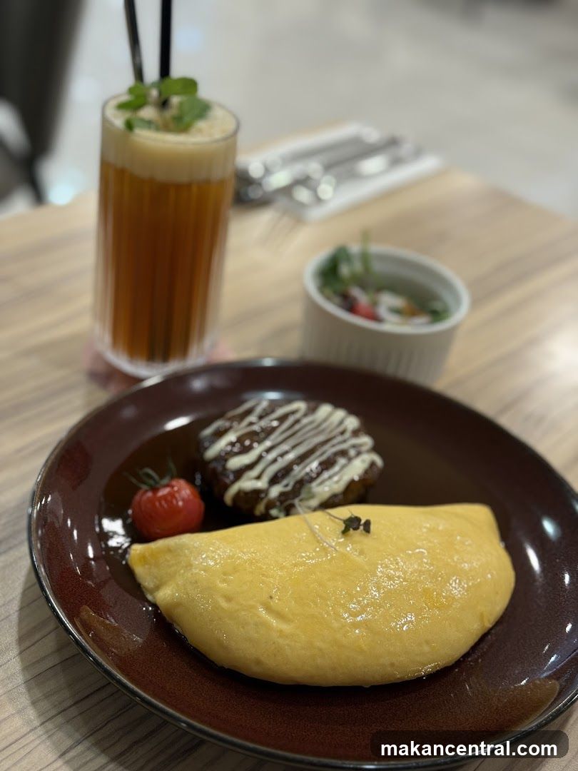 Omelette with side dish and drink