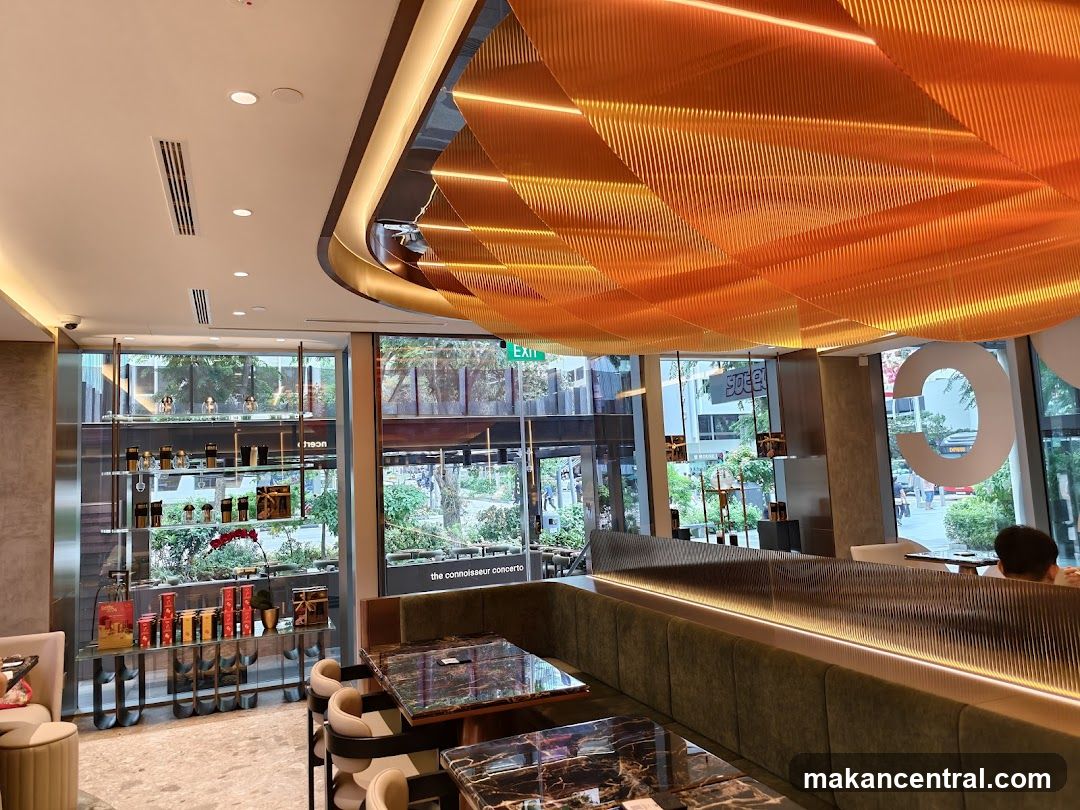 Modern cafe interior with decorative ceiling
