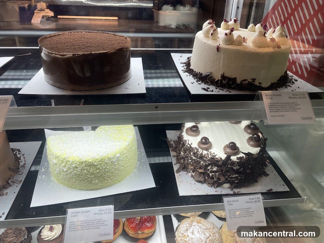 Cakes in a display case
