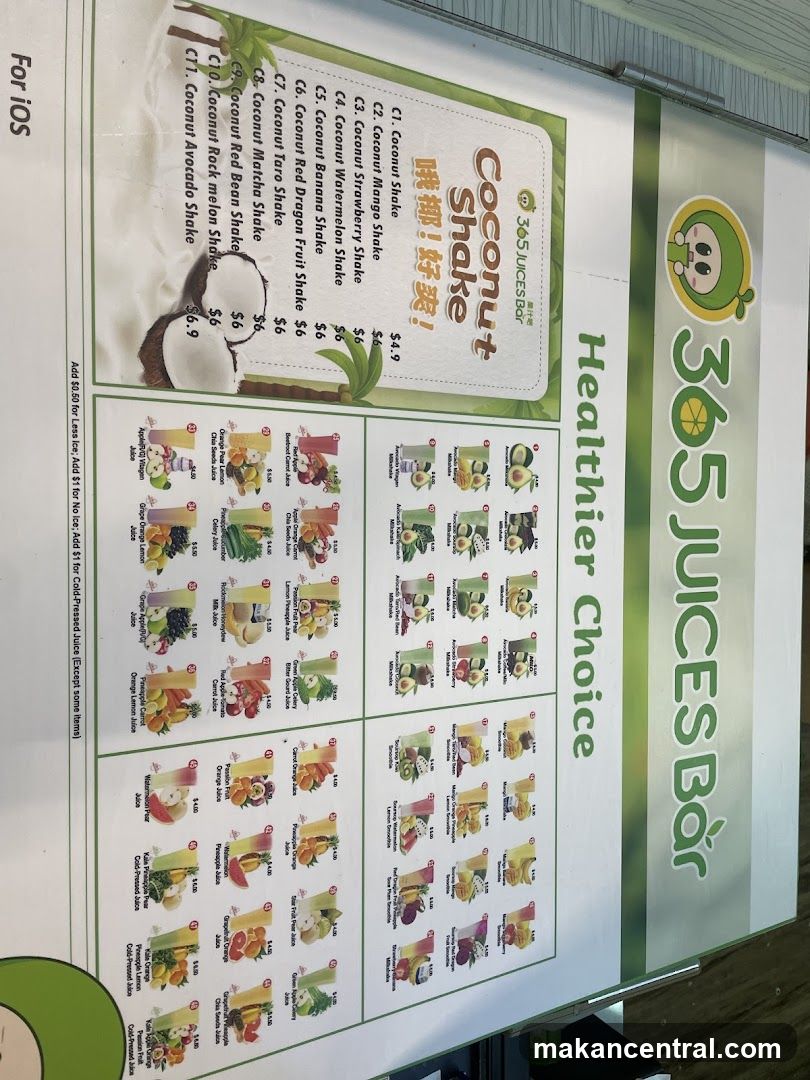 365 Juices Bar Coconut Shake Menu