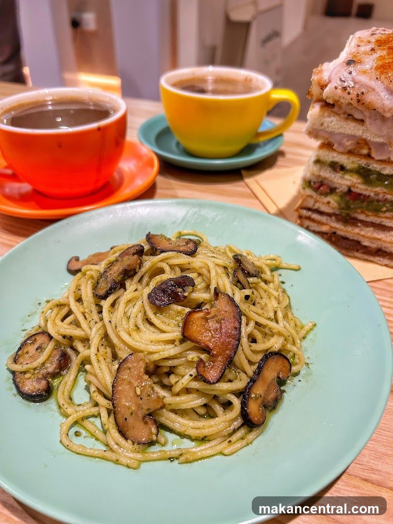Mushroom Pasta and Sandwich