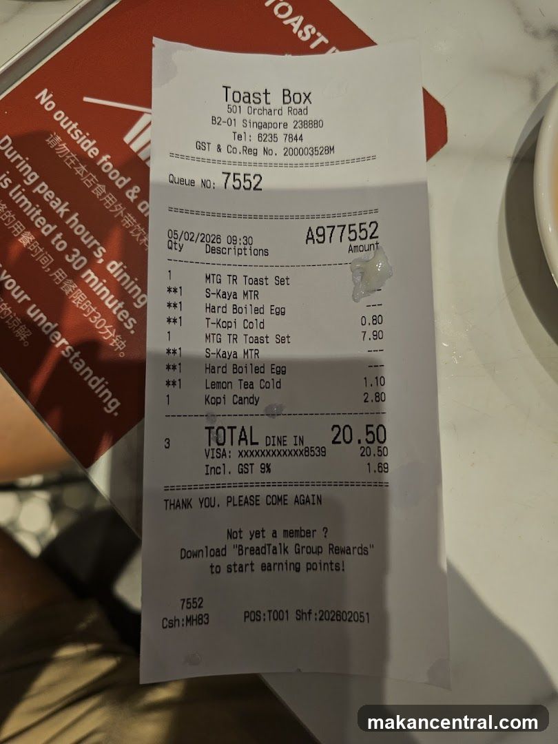 Receipt from Toast Box