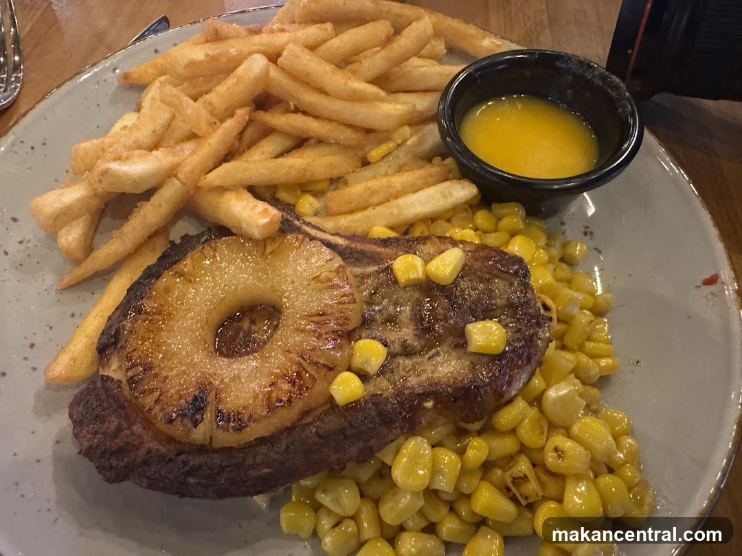 Steak with Pineapple, Fries, and Corn