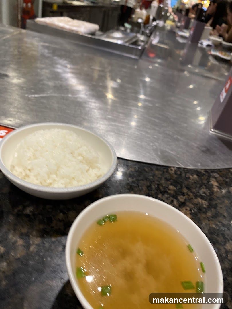 Miso soup and rice at a hibachi grill