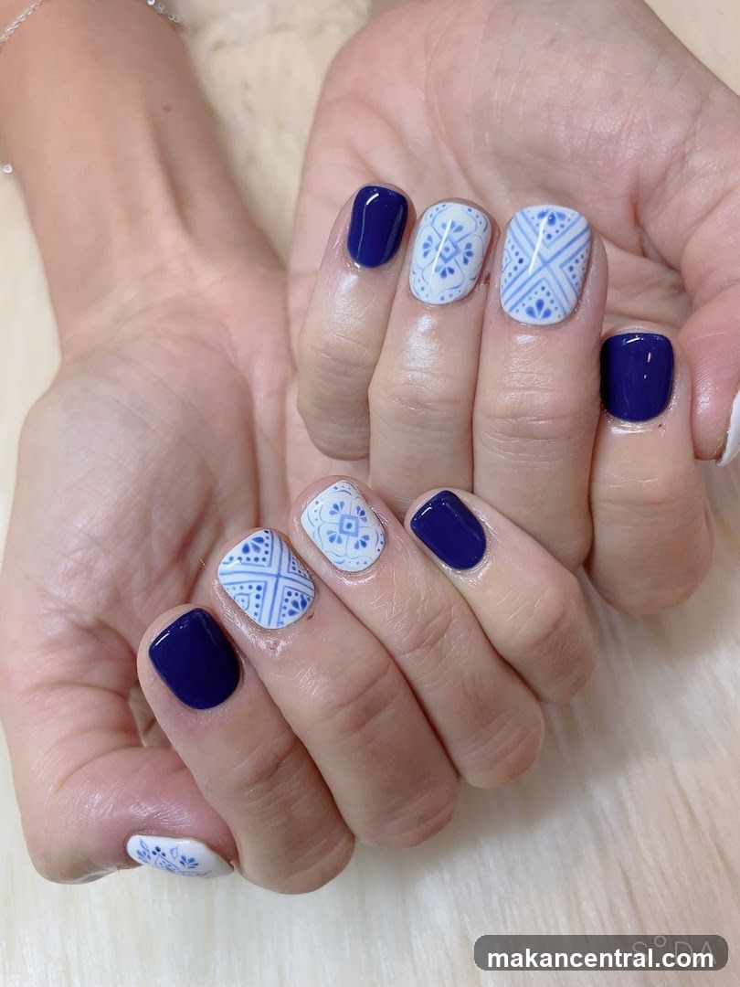 Blue and White Patterned Nails