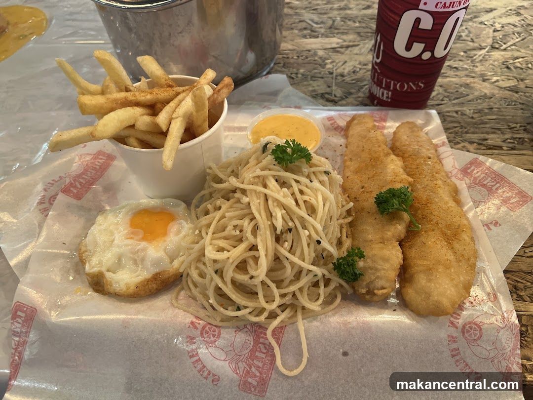 Fish and Chips with Spaghetti and Egg
