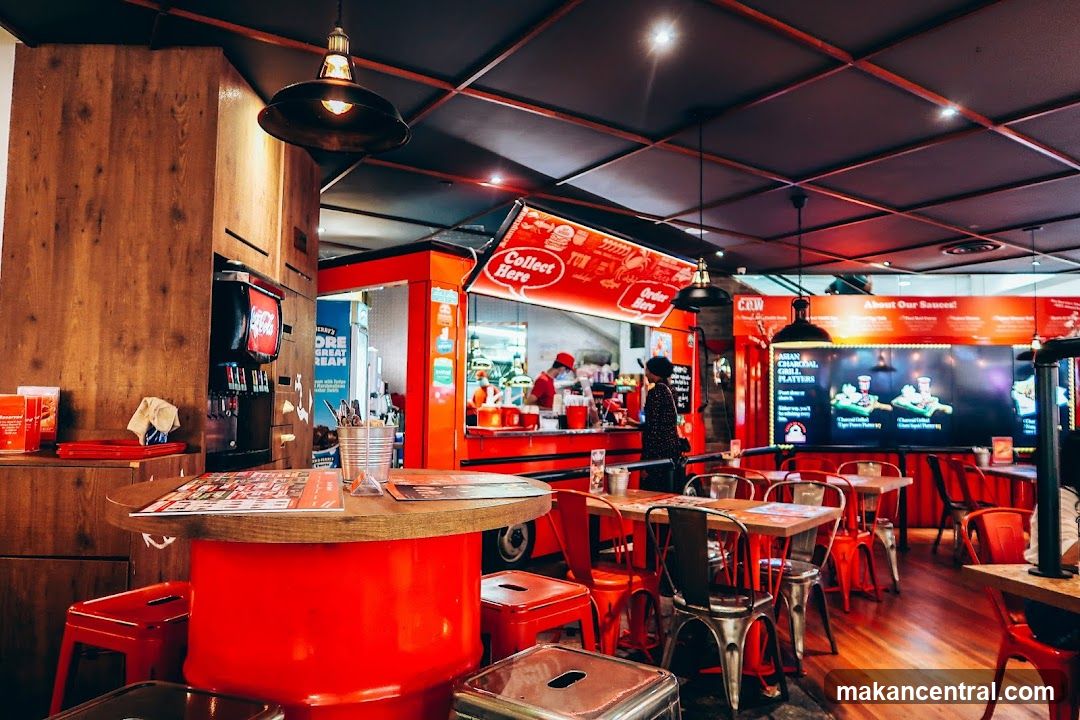 Restaurant Interior with Red and Wood Accents