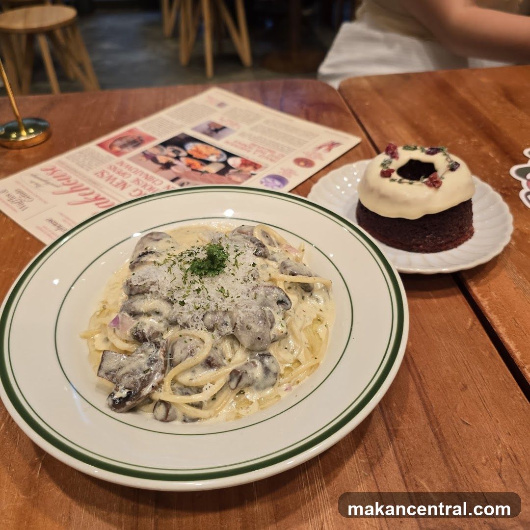 Creamy Mushroom Pasta and Red Velvet Cake