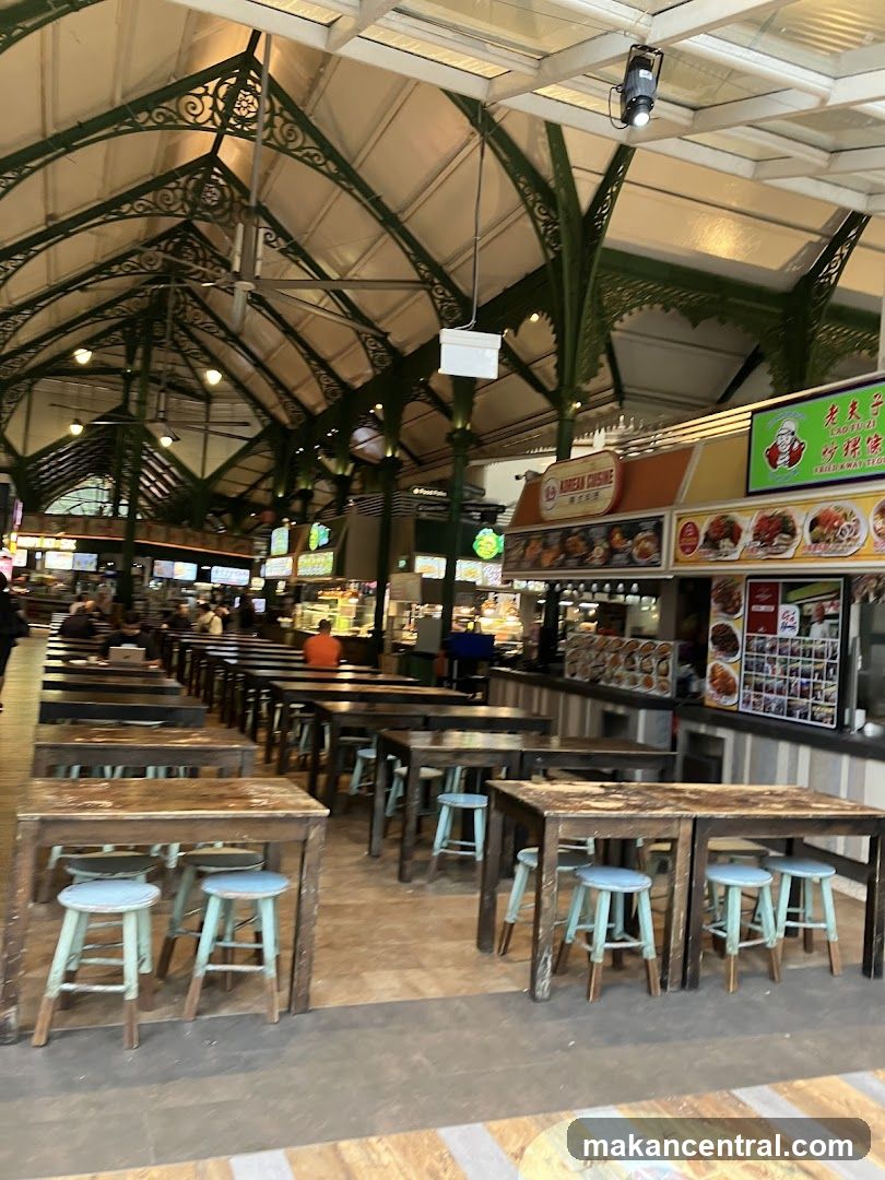Food court with tables and stalls