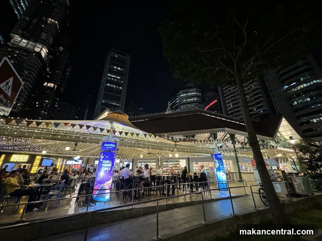 Outdoor dining area at night