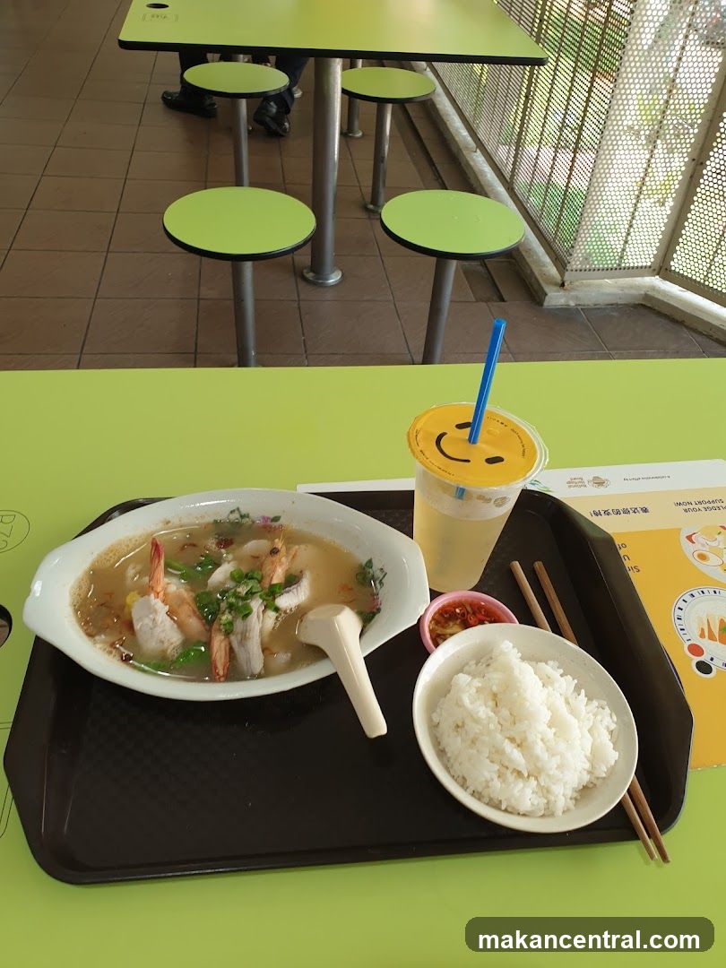 Food Tray with Soup, Rice, and Drink