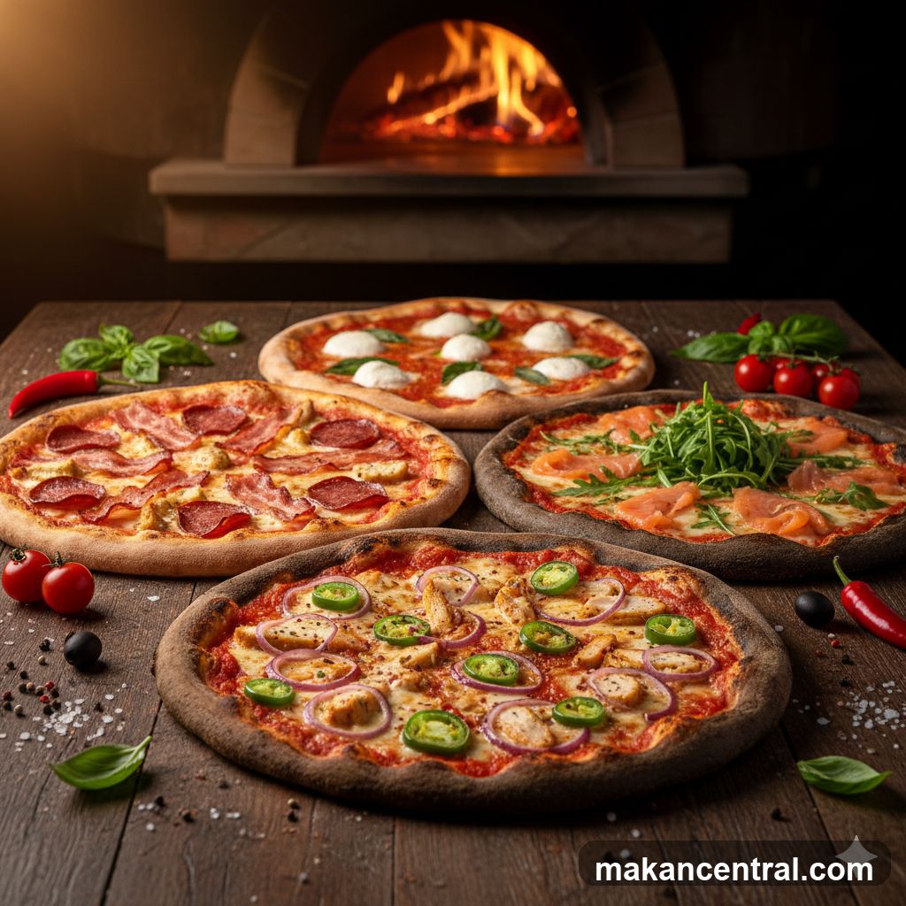 Four Pizzas in Front of a Wood-Fired Oven