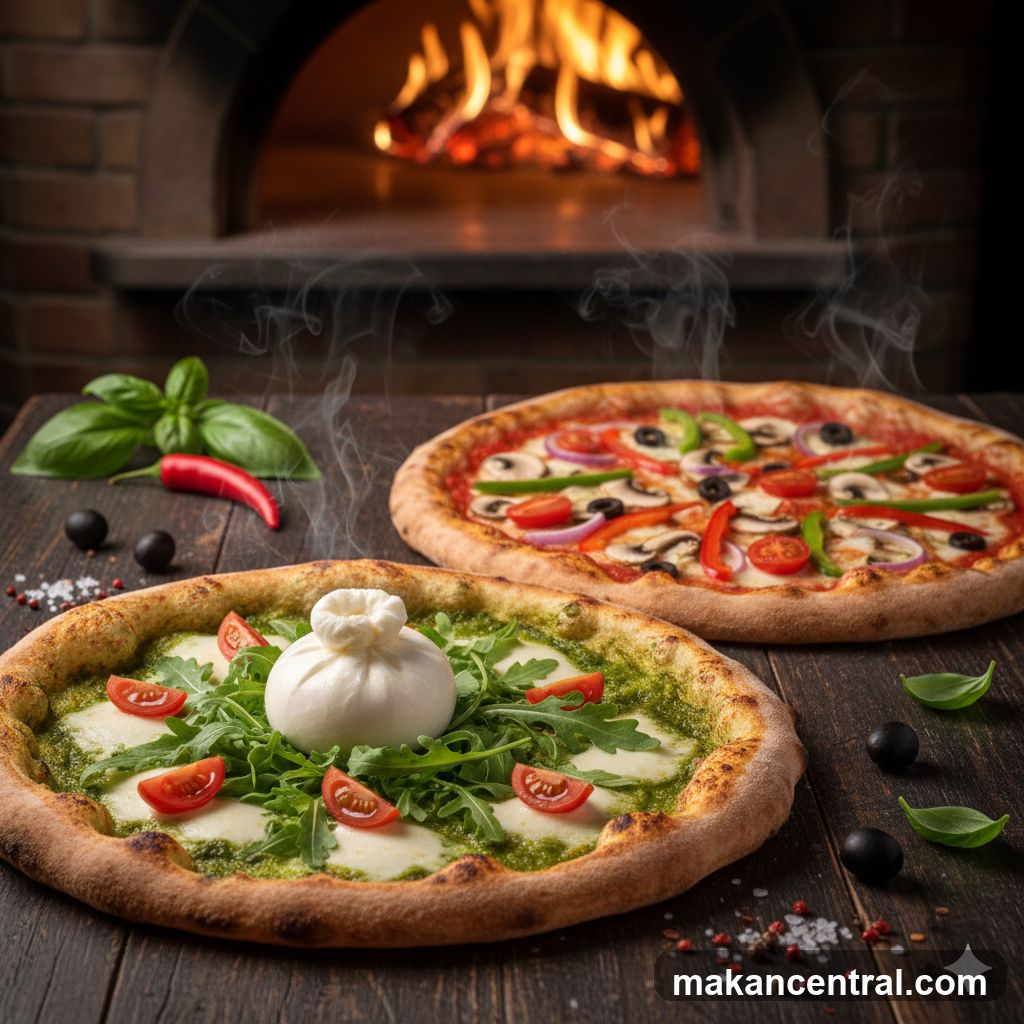 Two Pizzas in Front of a Pizza Oven