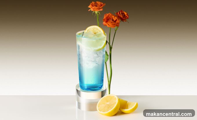 Blue cocktail with lemon and flowers