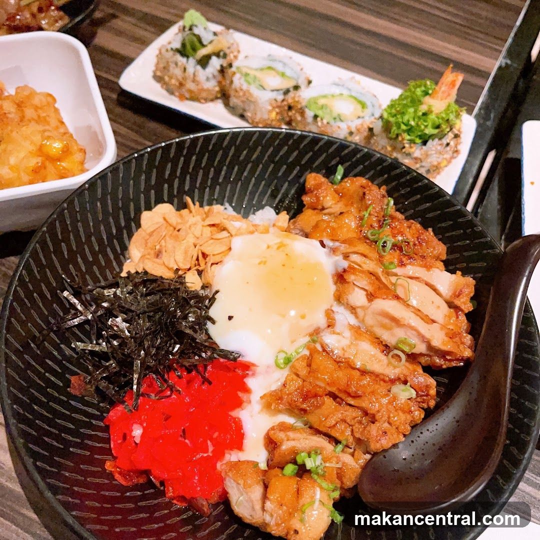 Chicken Donburi with Sushi and Tempura