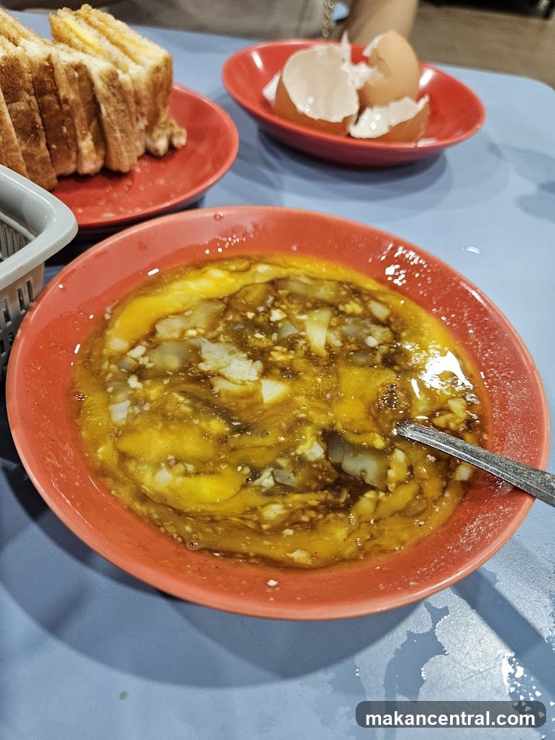 Breakfast Dish with Toast and Eggshells
