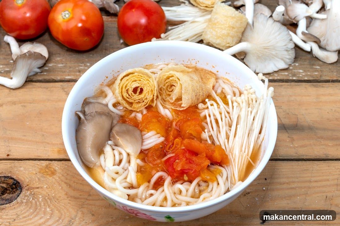 Noodle Soup with Tomatoes and Mushrooms