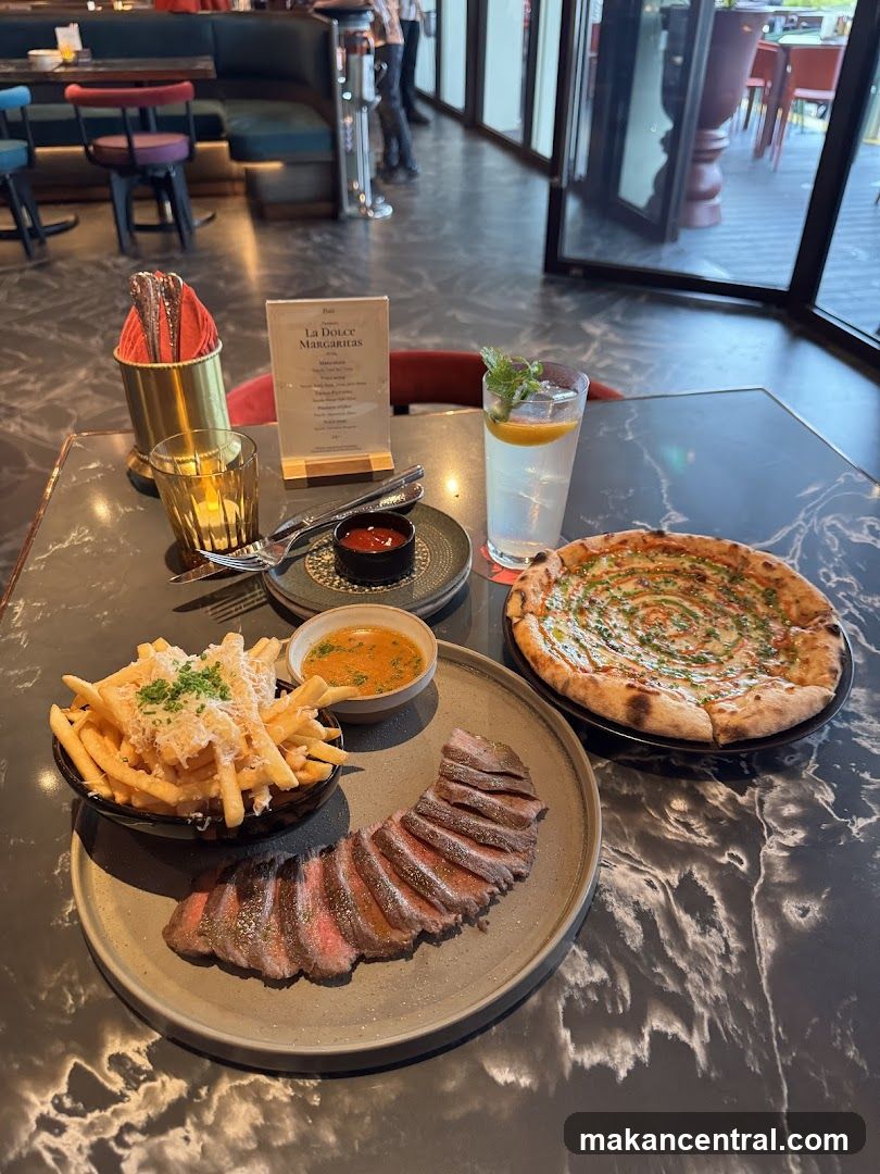Steak, Fries, Pizza, and Drink