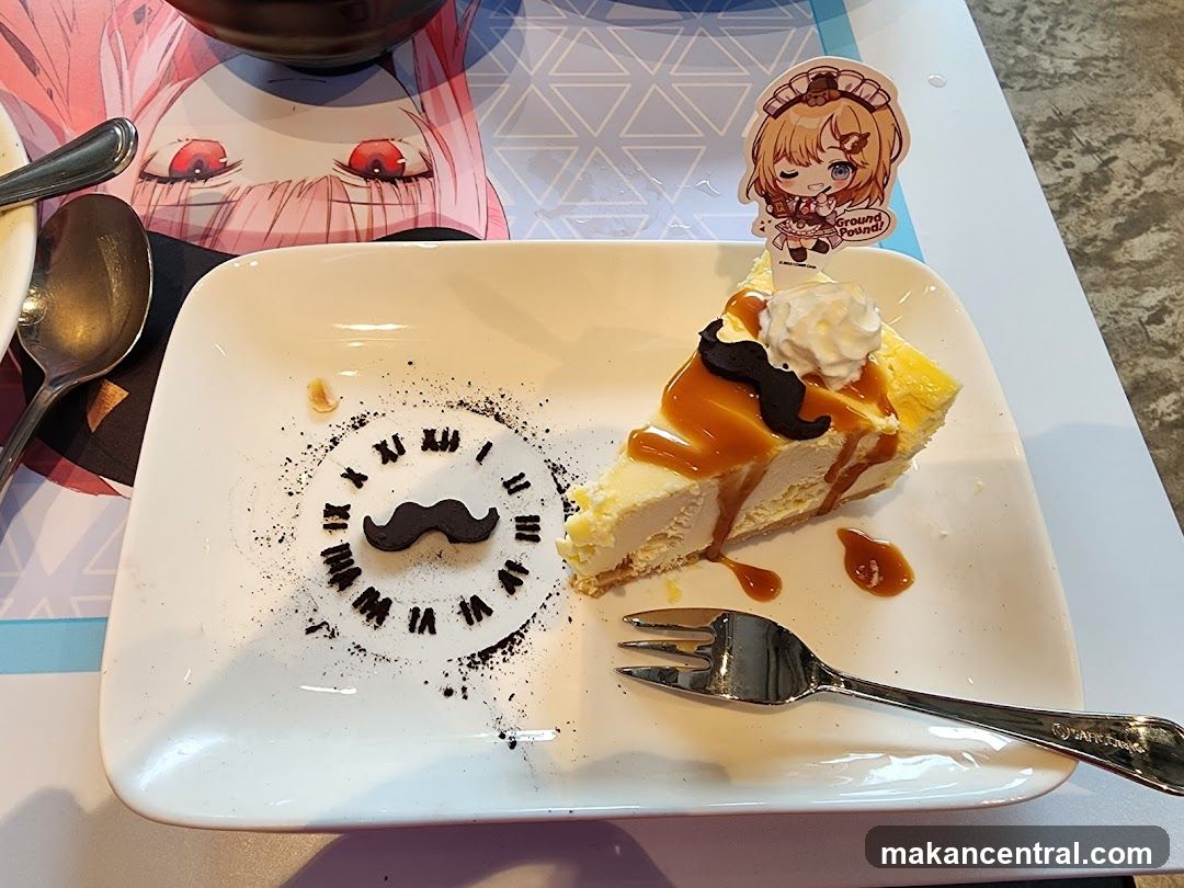 Cheesecake with Caramel Sauce and Moustache Decoration