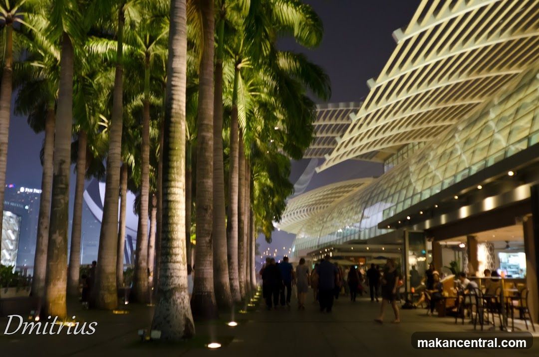 Nighttime scene with palm trees and modern architecture