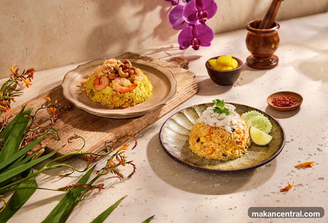 Two plates of fried rice with toppings