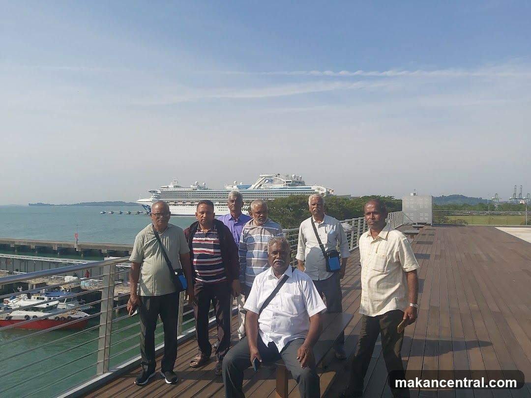 Group of men on a boardwalk with a cruise ship in the background