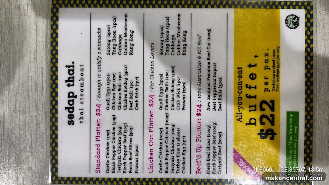 Sedap Thai Steamboat Menu