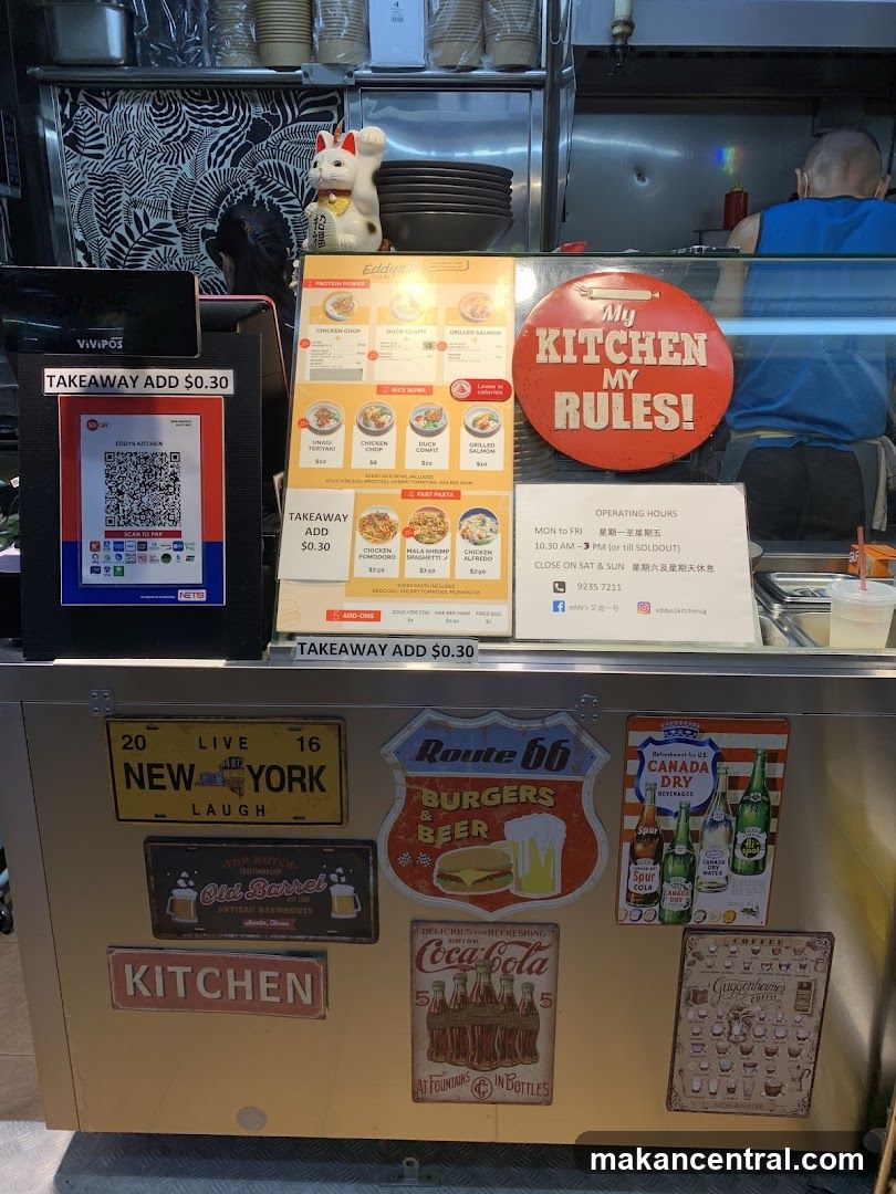 Food stall counter with menu and decorations