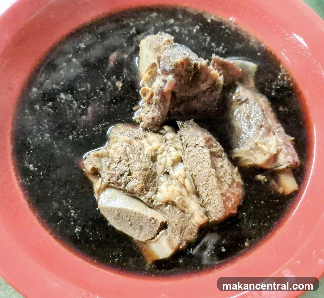 Bowl of Dark Broth with Meat and Bones
