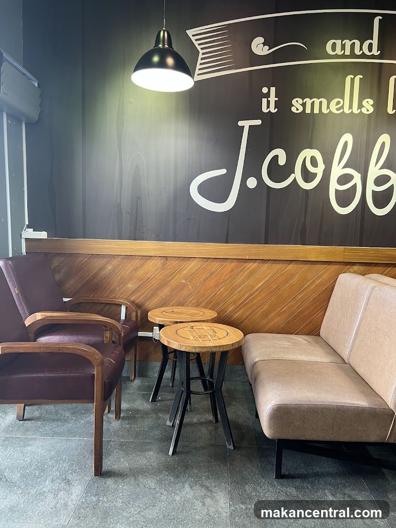 Coffee shop interior with seating and wall art