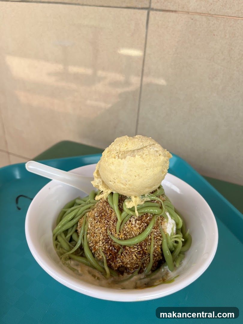 Dessert with Ice Cream and Green Noodles