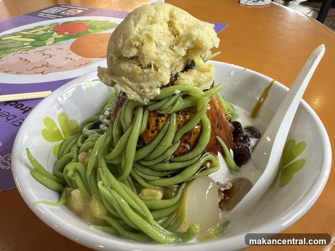 Dessert with Ice Cream and Green Noodles