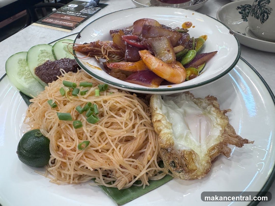 Noodle Dish with Shrimp and Fried Egg
