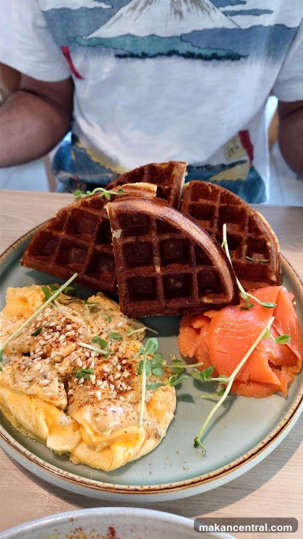 Waffles with Smoked Salmon and Scrambled Eggs
