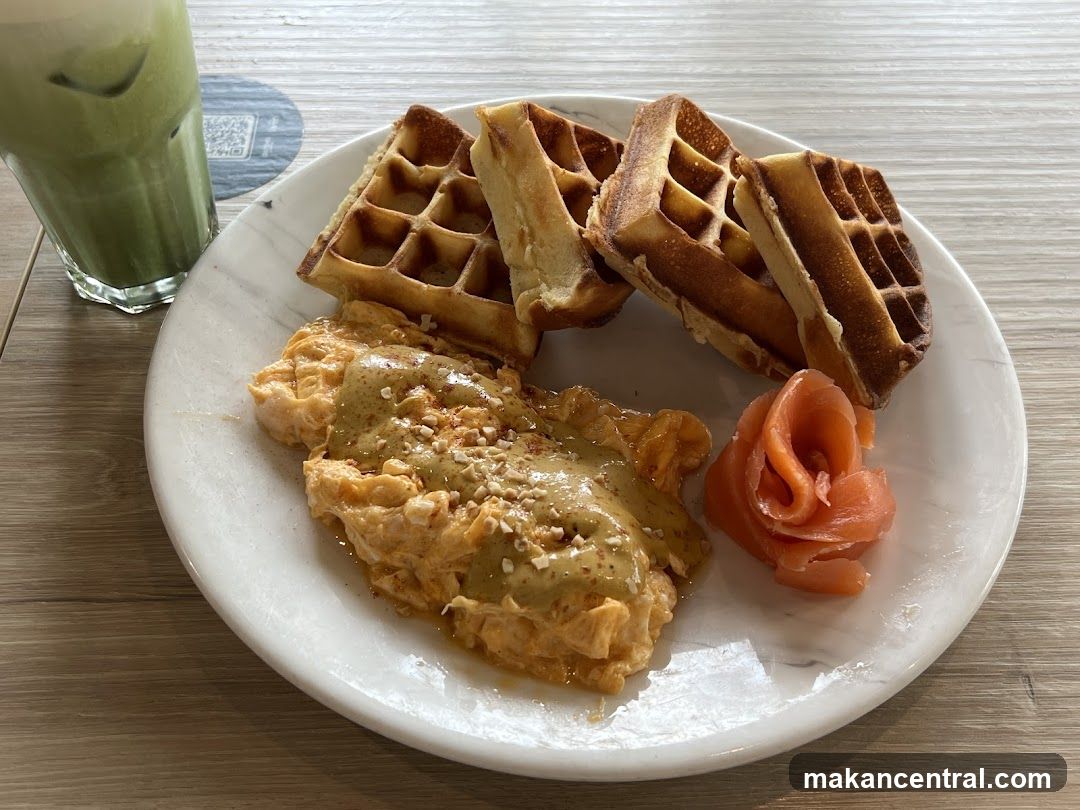 Waffles with Scrambled Eggs and Smoked Salmon
