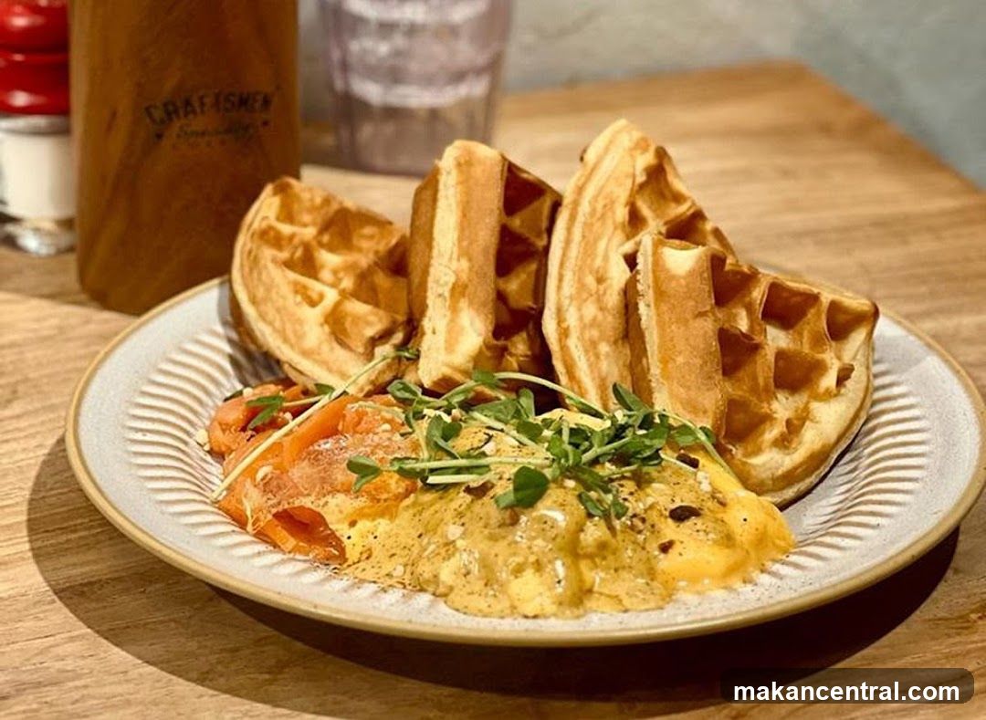 Waffles with Smoked Salmon and Scrambled Eggs