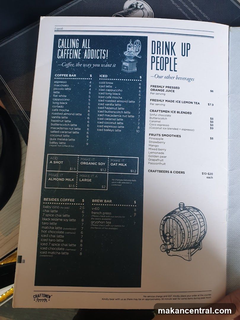 Craftsmen Specialty Coffee Menu