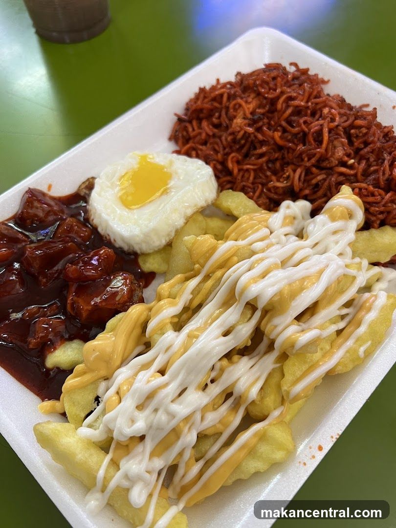 Meal with Noodles, Fries, and Meat