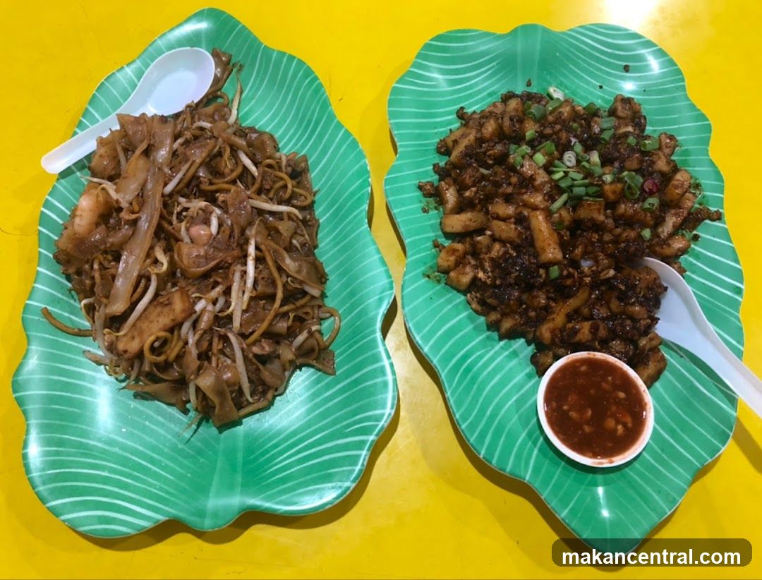 Two plates of Asian noodles and fried radish cake