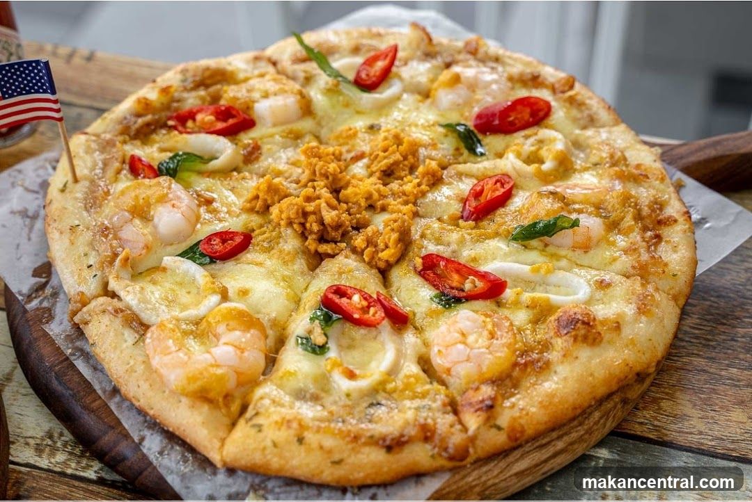 Seafood Pizza with Chili and American Flag