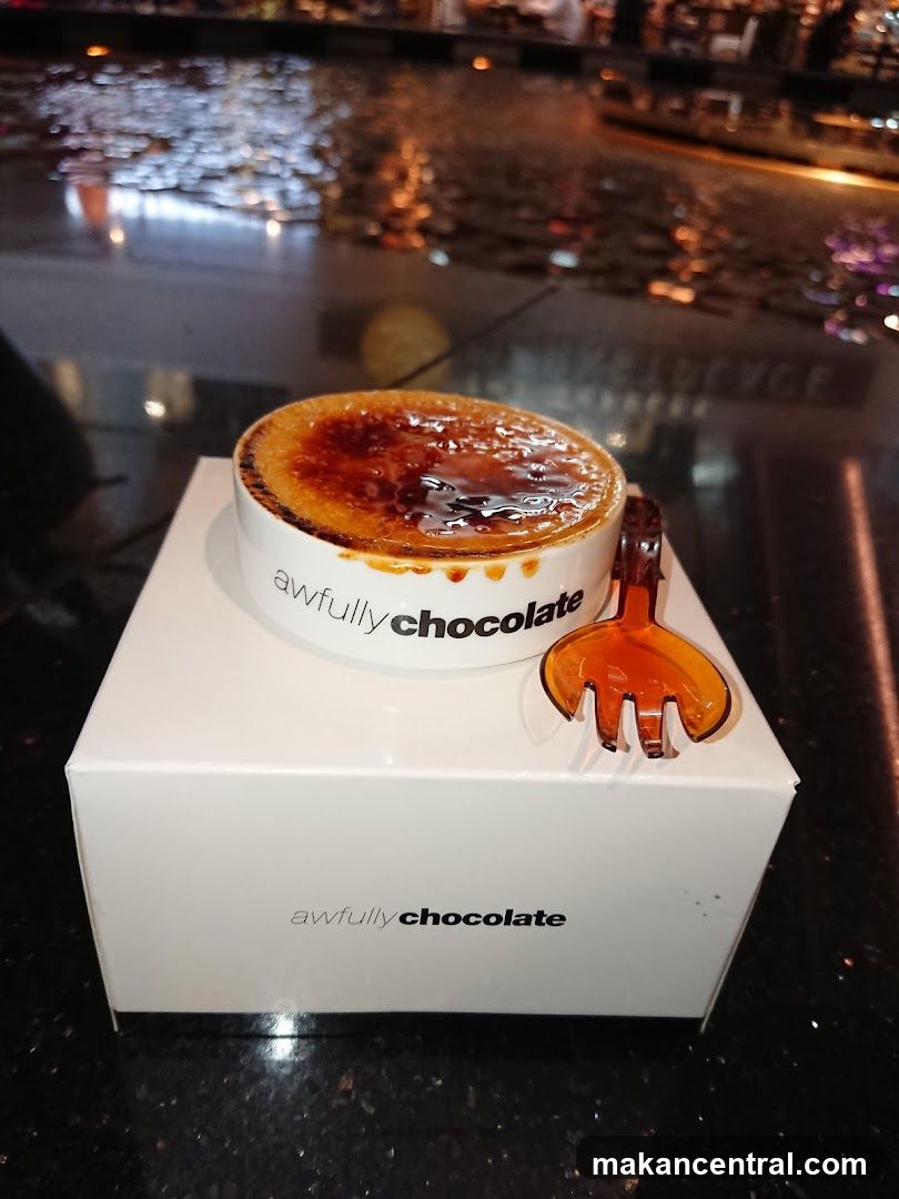 Crème brûlée with "awfully chocolate" branding
