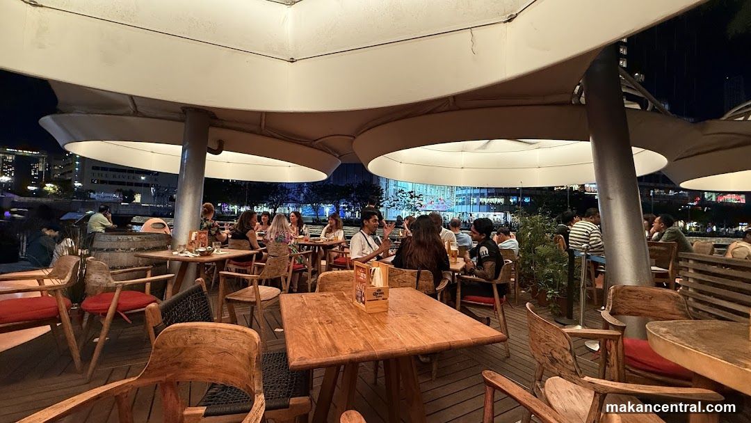Outdoor dining area at night