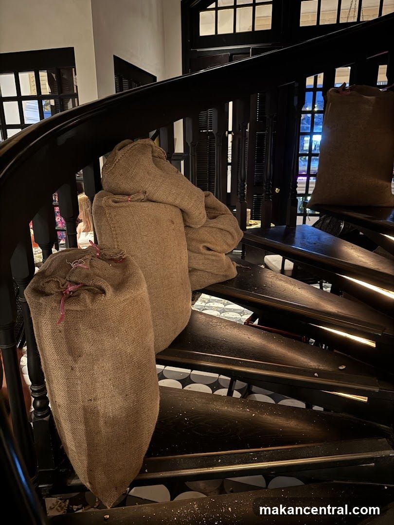 Burlap Sacks on Spiral Staircase