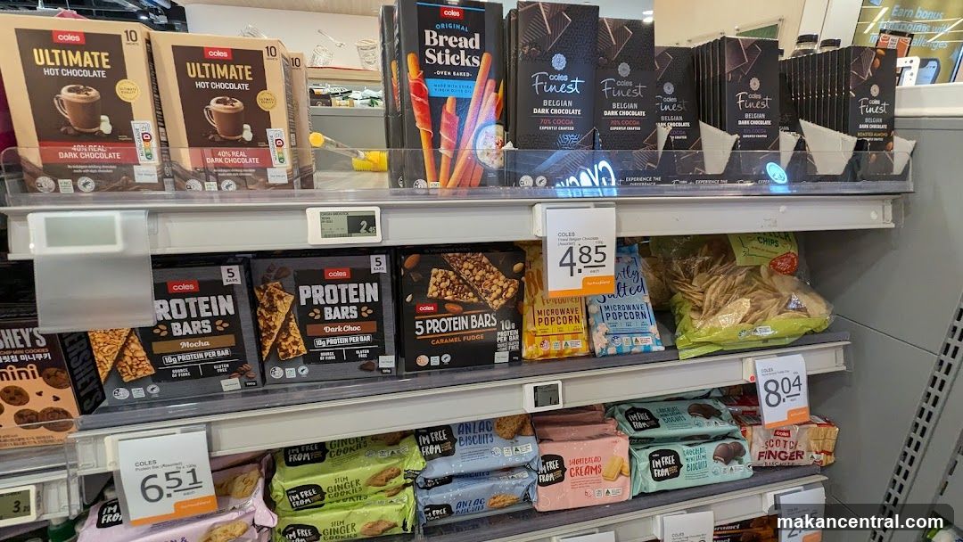 Supermarket aisle with various food products