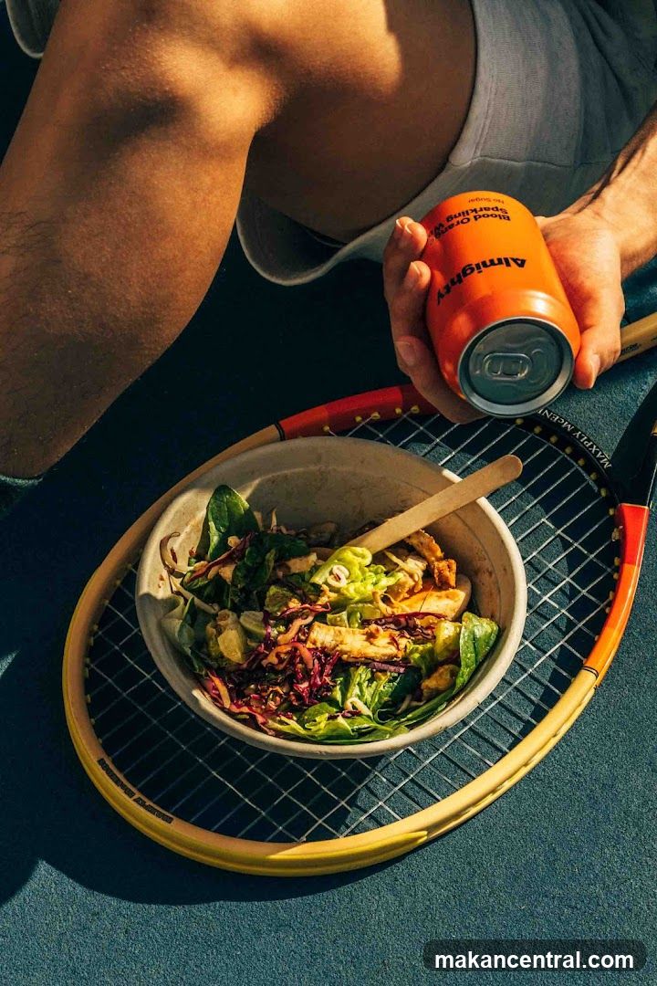 Salad and Drink with Tennis Racquet